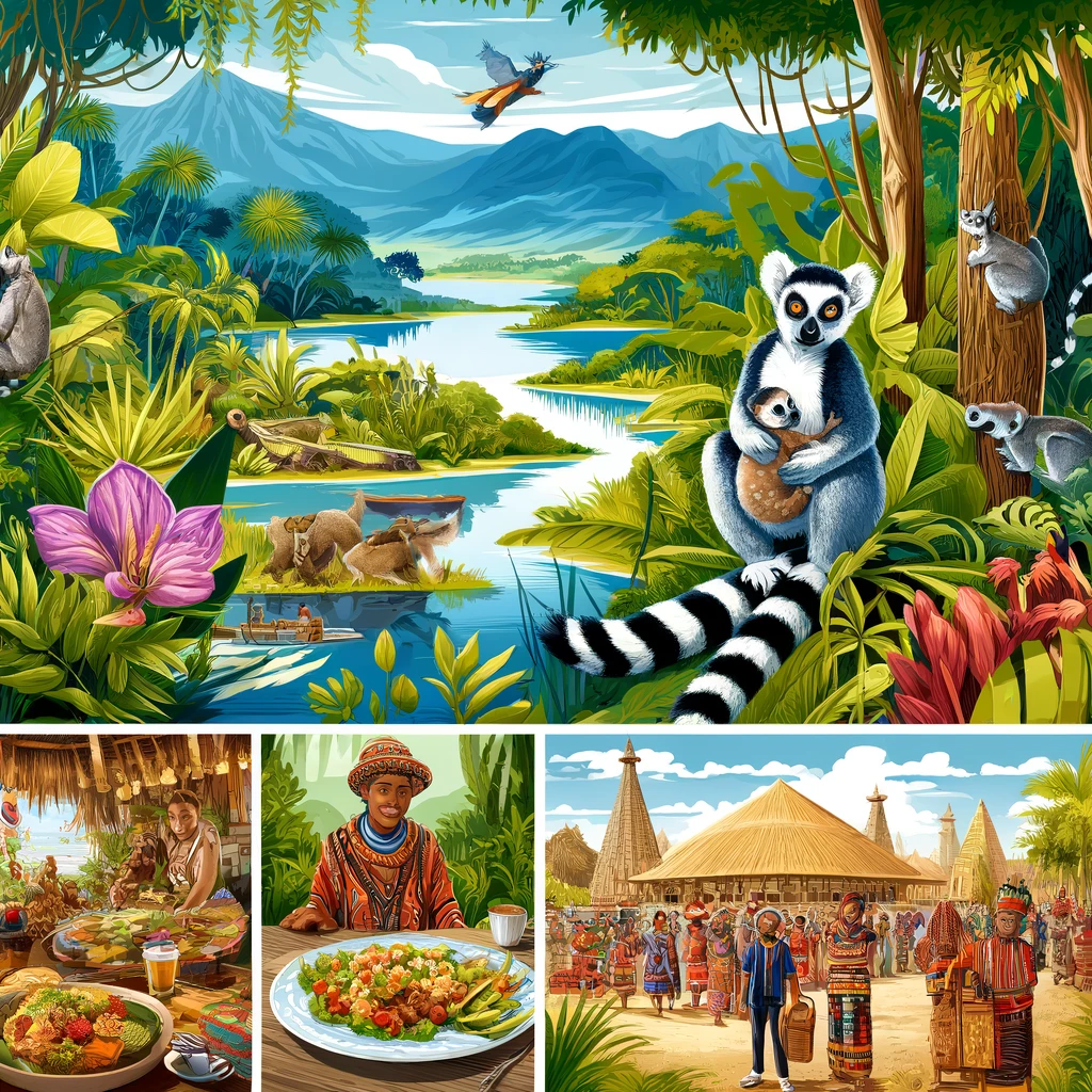 A vibrant scene depicting Madagascar’s tropical rainforest, iconic lemurs, traditional dishes like Romazava, and cultural events such as Famadihana, showcasing the country’s unique biodiversity and traditions.