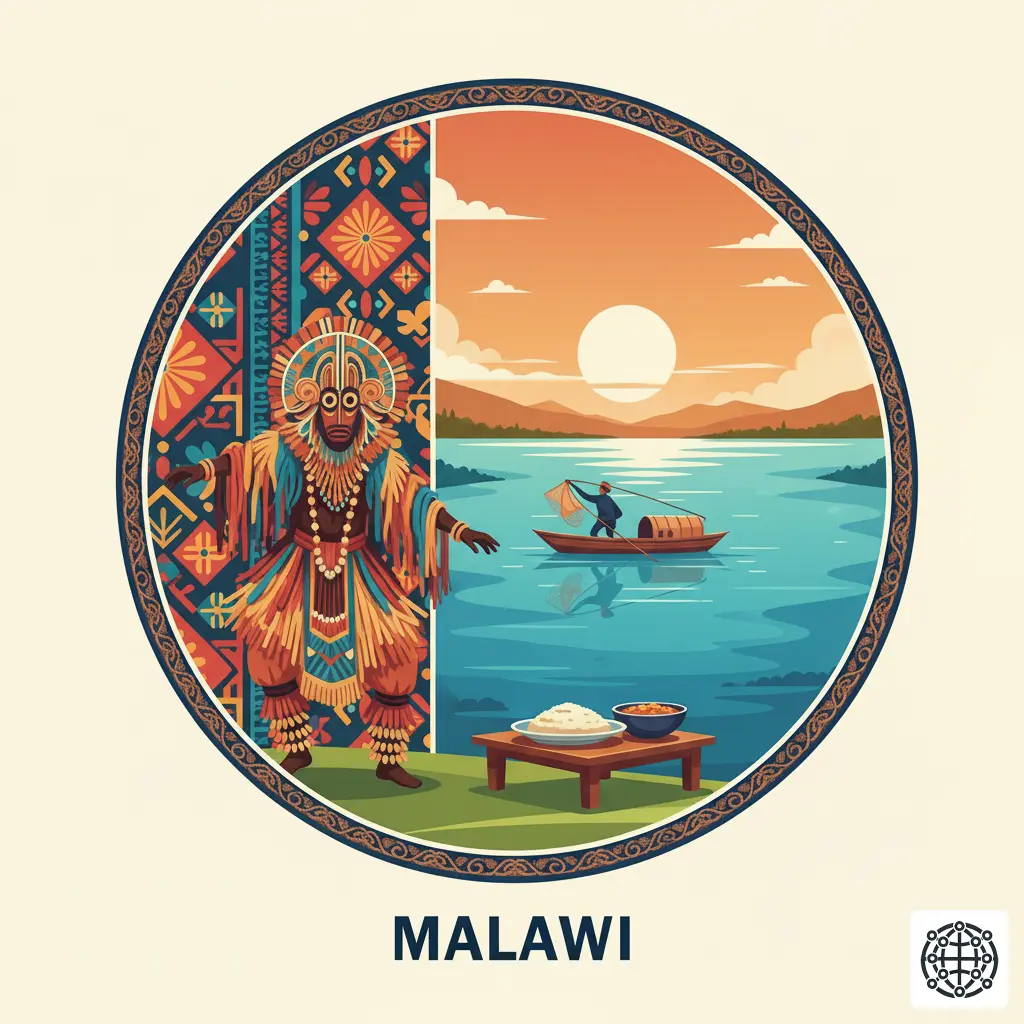 A stylized, modern illustration of Malawi, featuring Lake Malawi with a fishing boat, a traditional Gule Wamkulu dancer, a colorful chitenje fabric pattern, and a plate of Nsima.
