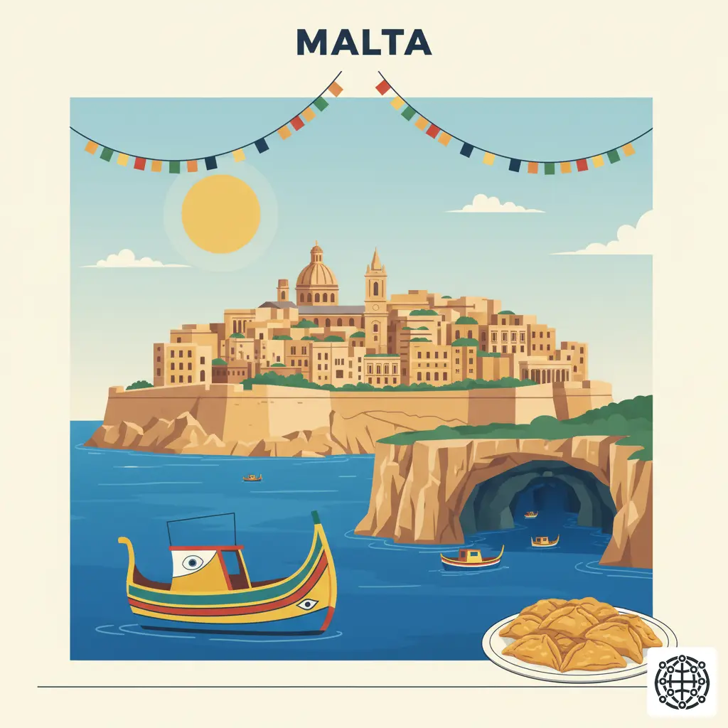A stylized, modern illustration of Malta, featuring the fortified city of Valletta, a traditional 'Luzzu' fishing boat with the Eye of Osiris, the Blue Grotto sea caves, and a plate of Pastizzi.
