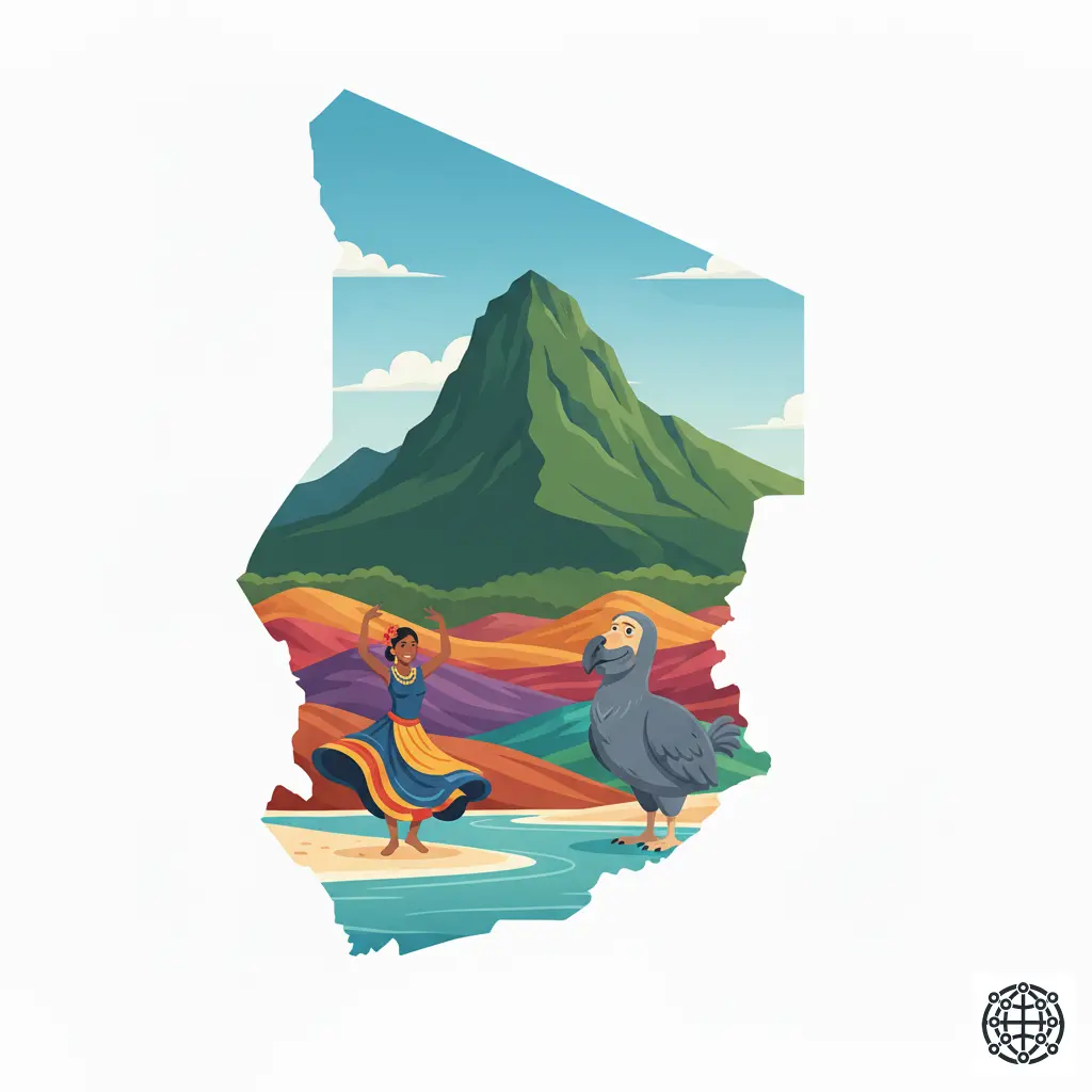 A stylized, modern illustration of Mauritius, featuring the Le Morne Brabant mountain, the Seven Coloured Earths of Chamarel, a Sega dancer, and a Dodo bird.