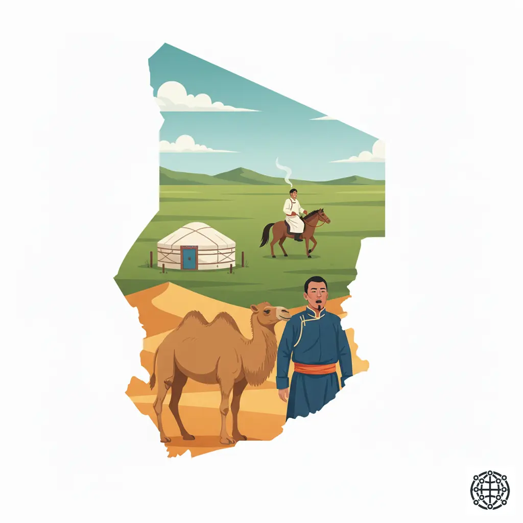 A stylized, modern illustration of Mongolia, featuring a nomadic ger on the steppe, a horseman in traditional deel, a Bactrian camel in the Gobi Desert, and a throat singer.