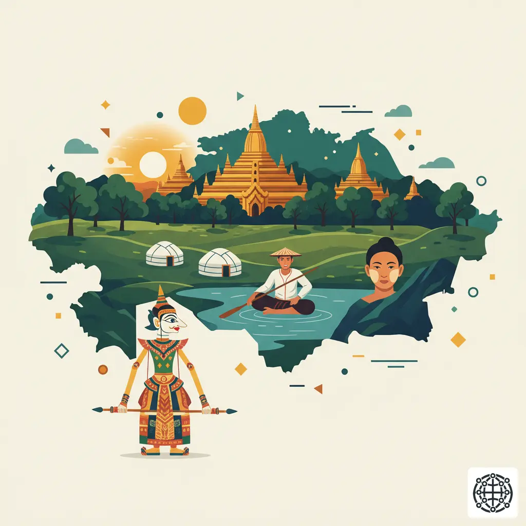 A stylized, modern illustration of Myanmar, featuring the temples of Bagan at sunrise, a person wearing Thanaka, an Inle Lake fisherman, and a traditional puppet.