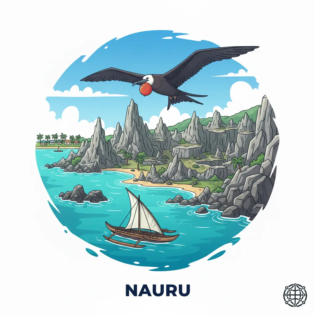 A stylized, modern illustration of Nauru, featuring the island's coastline, the remnants of phosphate mining, a frigatebird, and a traditional outrigger canoe.
