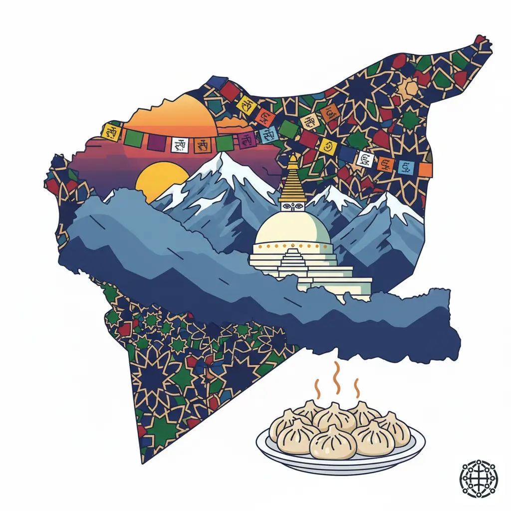 A stylized, modern illustration of Nepal, featuring the Himalayas with Mount Everest, the Boudhanath Stupa, a prayer flag, and a plate of momos.