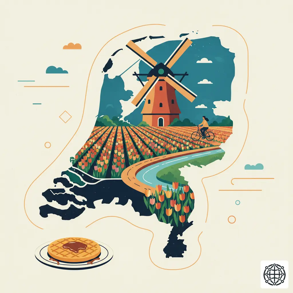 A stylized, modern illustration of the Netherlands, featuring a windmill, a canal with a bicycle, a field of colorful tulips, and a stroopwafel.