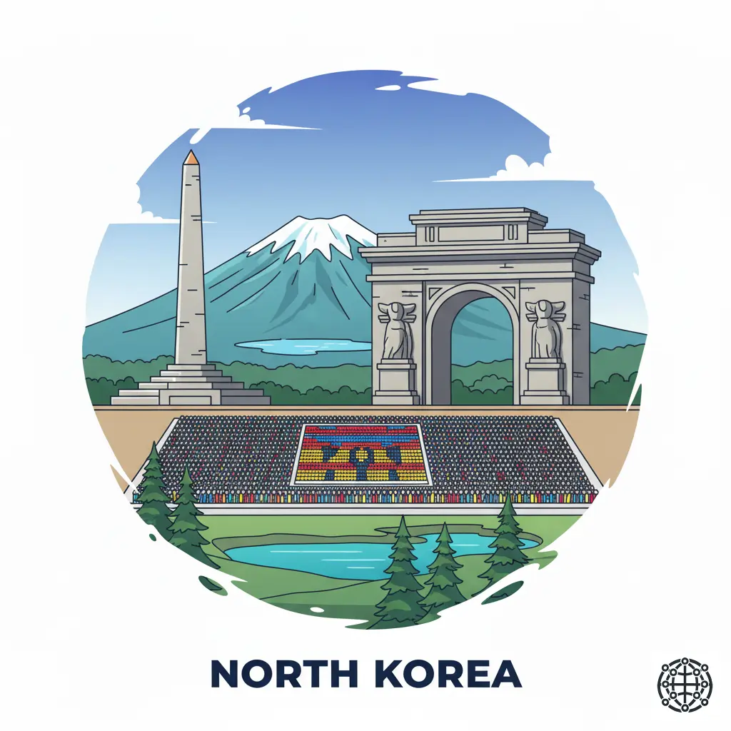 A stylized, modern illustration of North Korea, featuring the Arch of Triumph in Pyongyang, the Juche Tower, a scene from the Arirang Mass Games, and Mount Paektu.