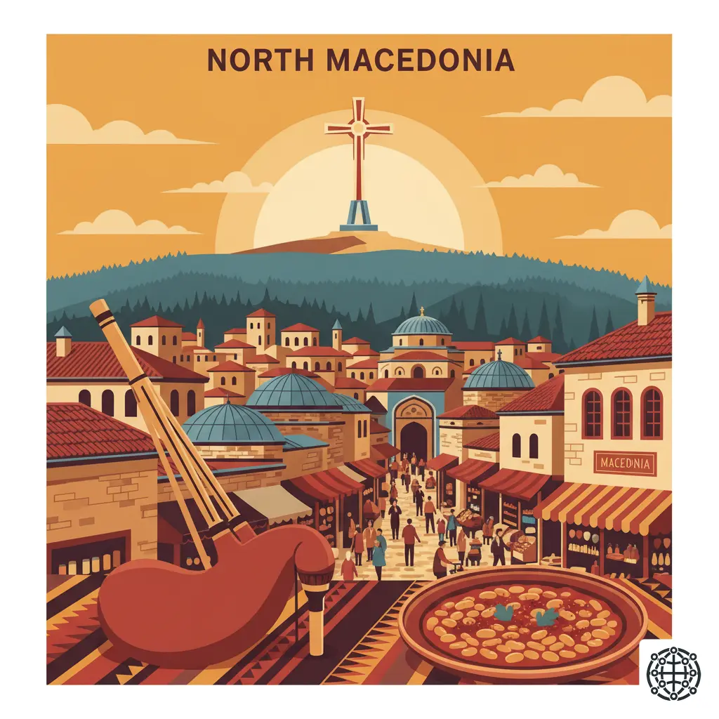 A stylized, modern illustration of North Macedonia, featuring the Millennium Cross on Vodno Mountain, the Old Bazaar of Skopje, a traditional 'gaida' bagpipe, and a plate of Tavče Gravče.