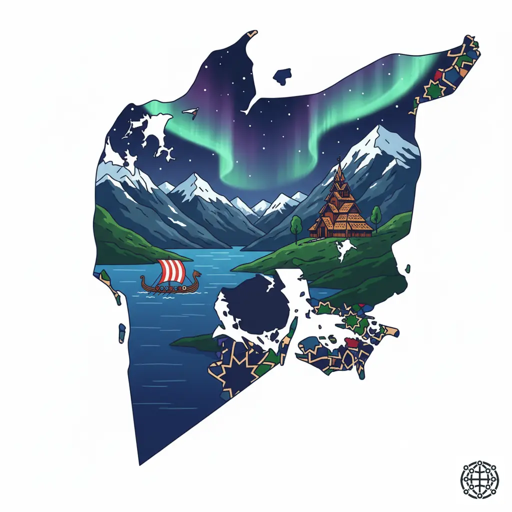 A stylized, modern illustration of Norway, featuring a dramatic fjord, a traditional stave church, a Viking longship, and the Northern Lights.