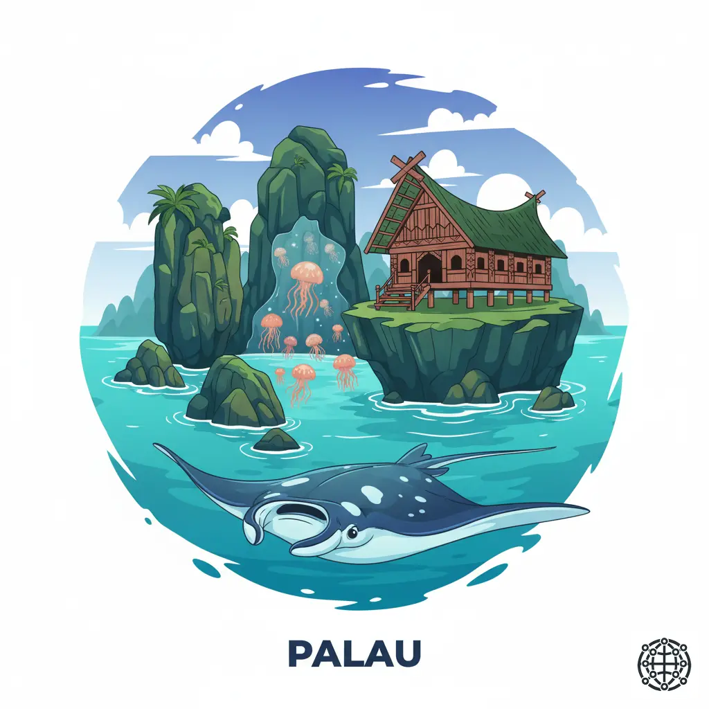 A stylized, modern illustration of Palau, featuring the Rock Islands, the Jellyfish Lake, a traditional Bai meeting house, and a manta ray.