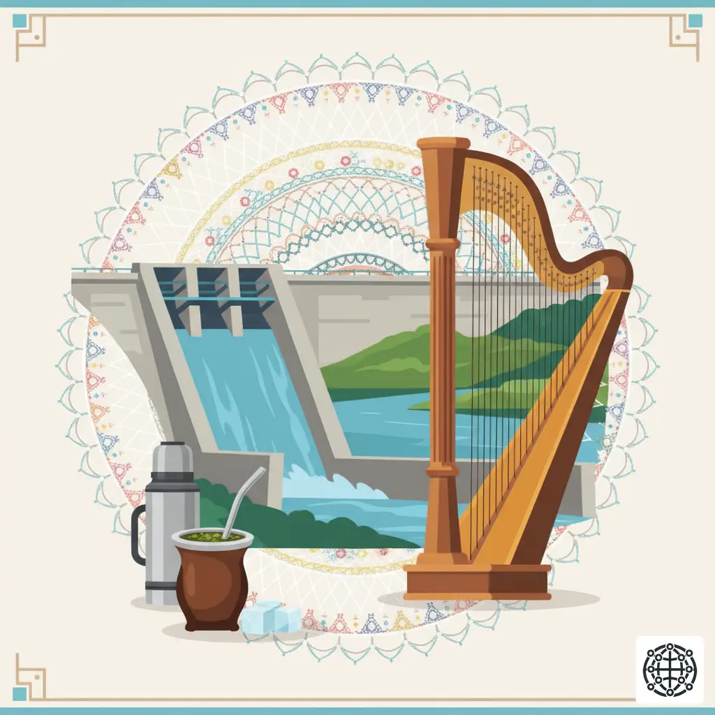A stylized, modern illustration of Paraguay, featuring the Itaipu Dam, a Ñandutí lace pattern, a cup of tereré, and a Paraguayan harp.