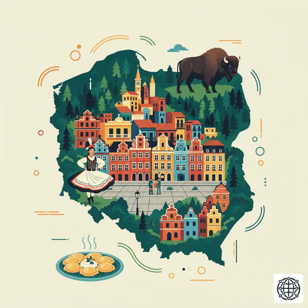 A stylized, modern illustration of Poland, featuring the colorful buildings of a historic market square, a pierogi, a bison in a forest, and a traditional folk dancer.