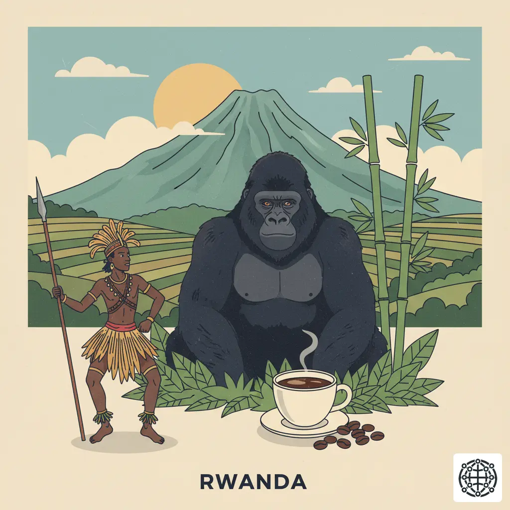 A stylized, modern illustration of Rwanda, featuring a mountain gorilla in the Volcanoes National Park, the rolling hills of the countryside, a traditional Intore dancer, and a cup of Rwandan coffee.