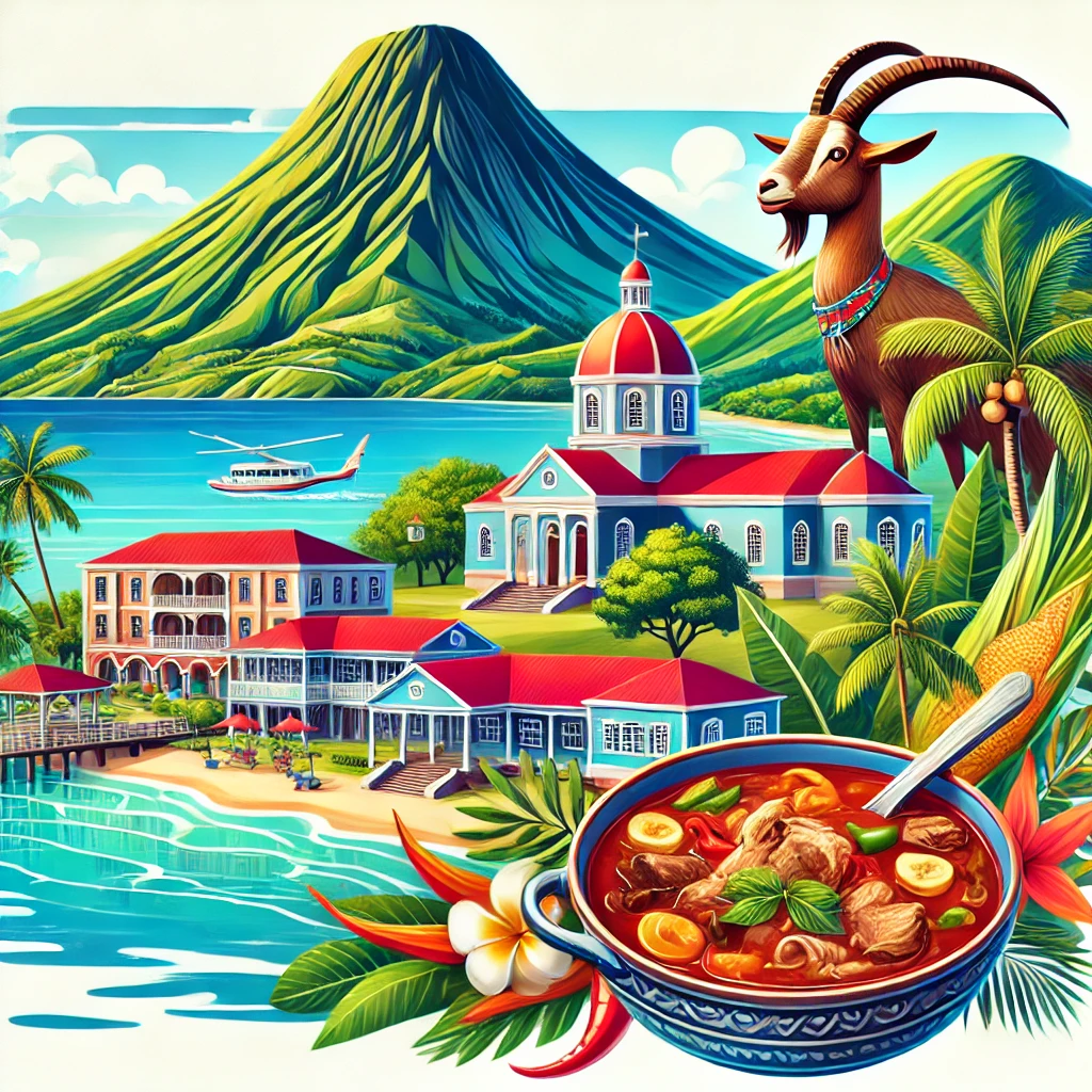 A colorful illustration of Saint Kitts and Nevis, featuring Basseterre, Nevis Peak, tropical beaches, and a depiction of traditional Goat Water Stew.