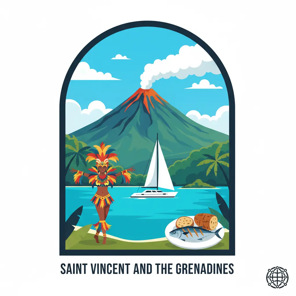 A stylized, modern illustration of Saint Vincent and the Grenadines, featuring the La Soufrière volcano, a yacht sailing in the Tobago Cays, a colorful Vincy Mas masquerader, and a plate of roasted breadfruit and jackfish.