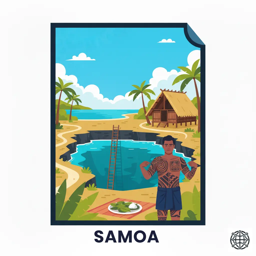 A stylized, modern illustration of Samoa, featuring the To Sua Ocean Trench, a traditional Samoan fale, a man with a Pe'a tattoo, and a plate of Palusami.