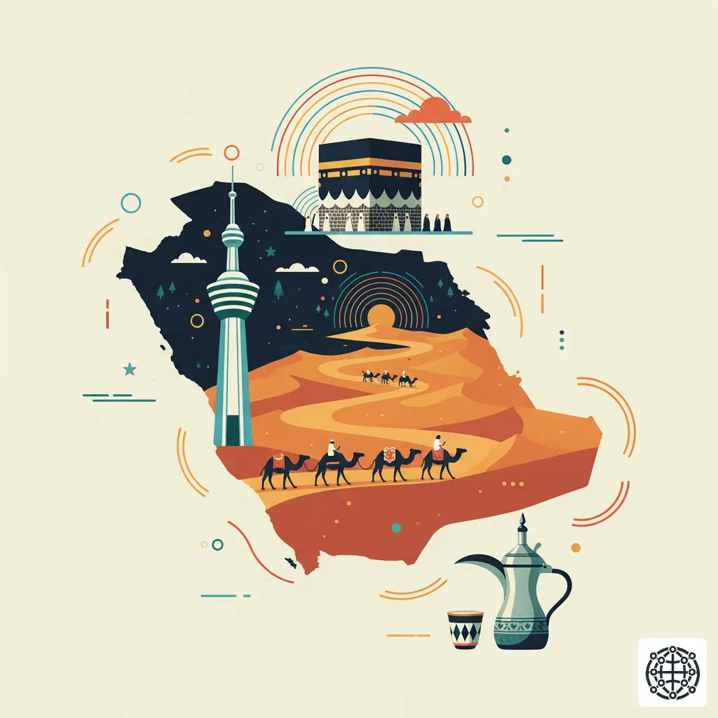 A stylized, modern illustration of Saudi Arabia, featuring the Kaaba in Mecca, the Kingdom Centre, a camel caravan in the Arabian Desert, and a traditional coffee pot (Dallah).
