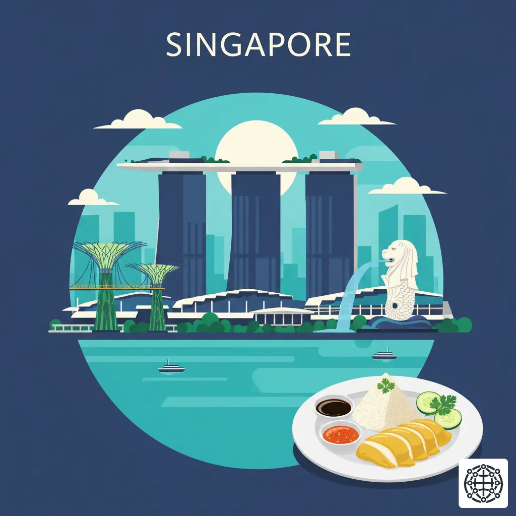 A stylized, modern illustration of Singapore, featuring the Marina Bay Sands hotel, the Supertree Grove at Gardens by the Bay, the Merlion, and a plate of Hainanese Chicken Rice.
