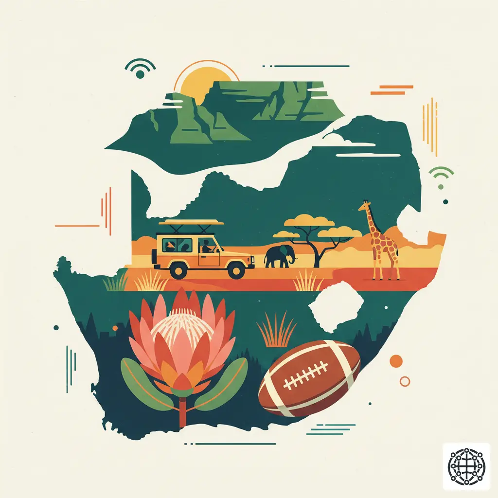 A stylized, modern illustration of South Africa, featuring Table Mountain, a protea flower, a safari vehicle in Kruger National Park, and a rugby ball.