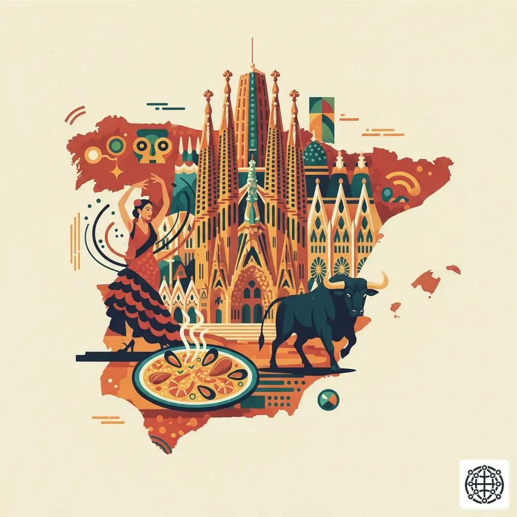 A stylized, modern illustration of Spain, featuring the Sagrada Familia, a flamenco dancer, a plate of paella, and a bull.