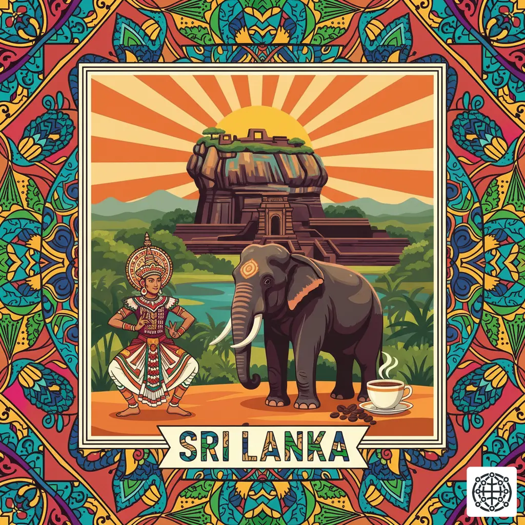 A stylized, modern illustration of Sri Lanka, featuring the Sigiriya rock fortress, a traditional Kandyan dancer, a cup of Ceylon tea, and an elephant.