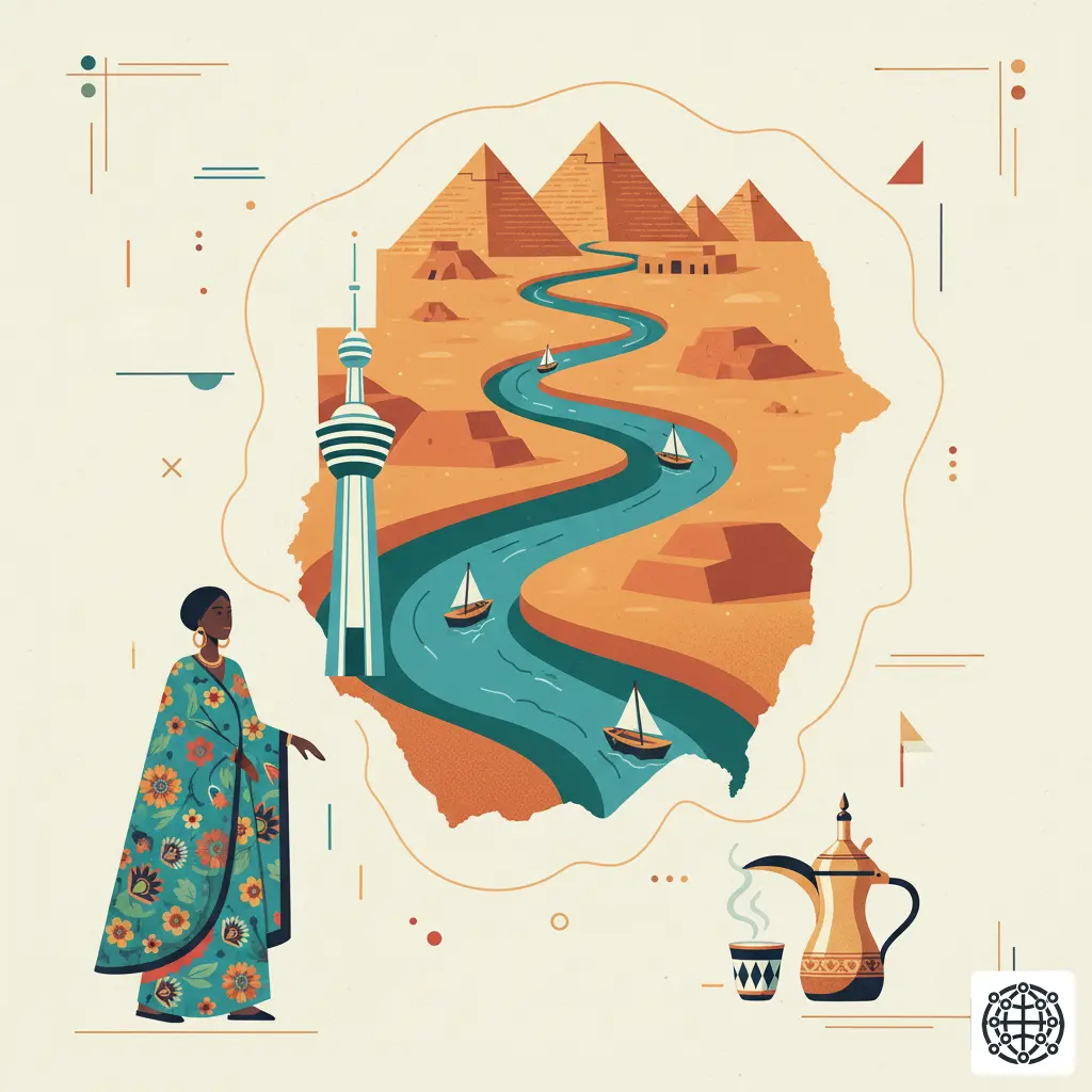 A stylized, modern illustration of Sudan, featuring the Pyramids of Meroe, the confluence of the Blue and White Niles, a traditional Jabana coffee pot, and a woman wearing a colorful toob.
