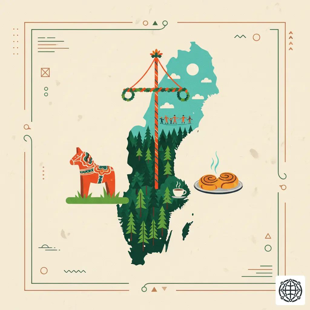 A stylized, modern illustration of Sweden, featuring a maypole for Midsummer, a plate of cinnamon buns for Fika, a traditional Dala horse, and a forest scene.