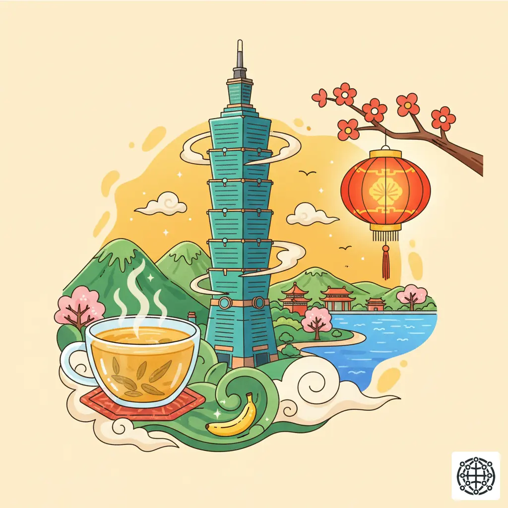 A vibrant, stylized image of Taiwan, featuring Taipei 101, a cup of oolong tea, and a lantern, in a cheerful and modern illustrative style.