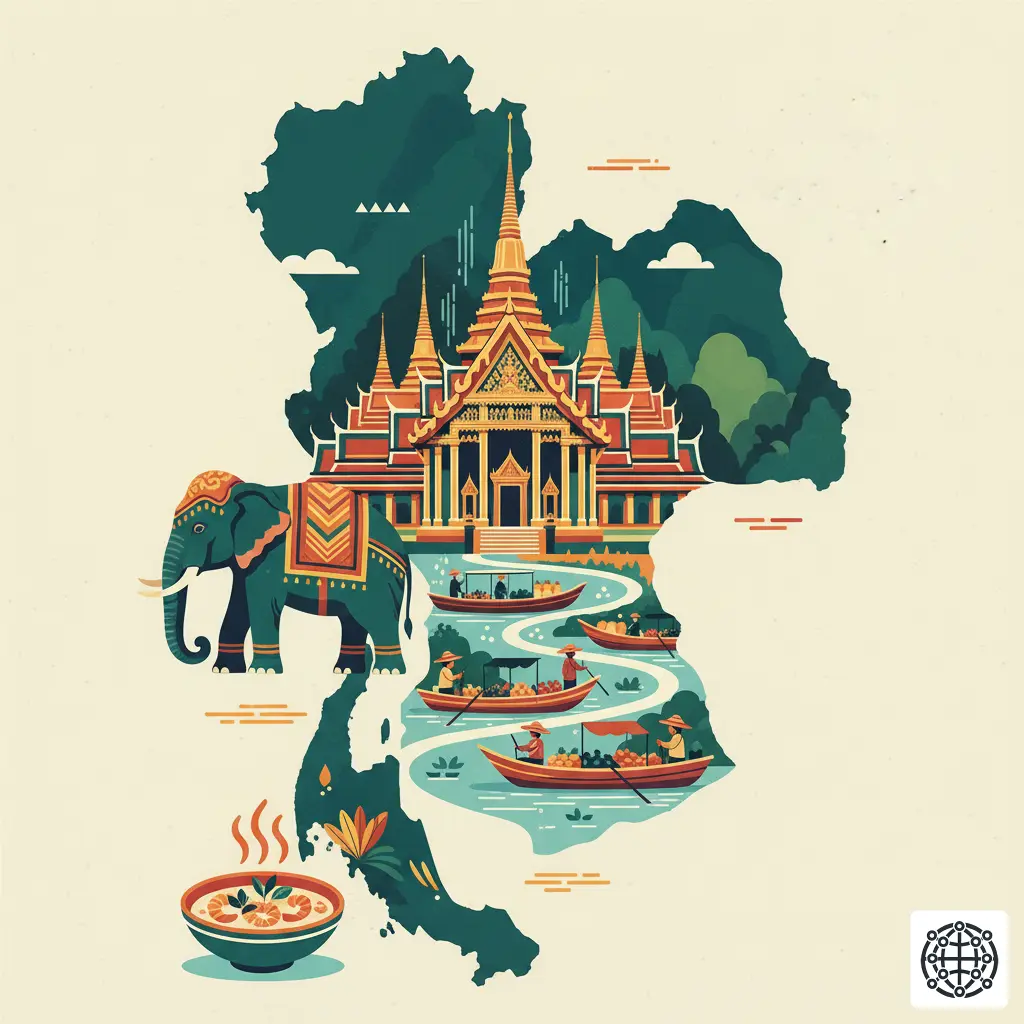 A stylized, modern illustration of Thailand, featuring a grand temple, a floating market, an elephant, and a bowl of Tom Yum soup.