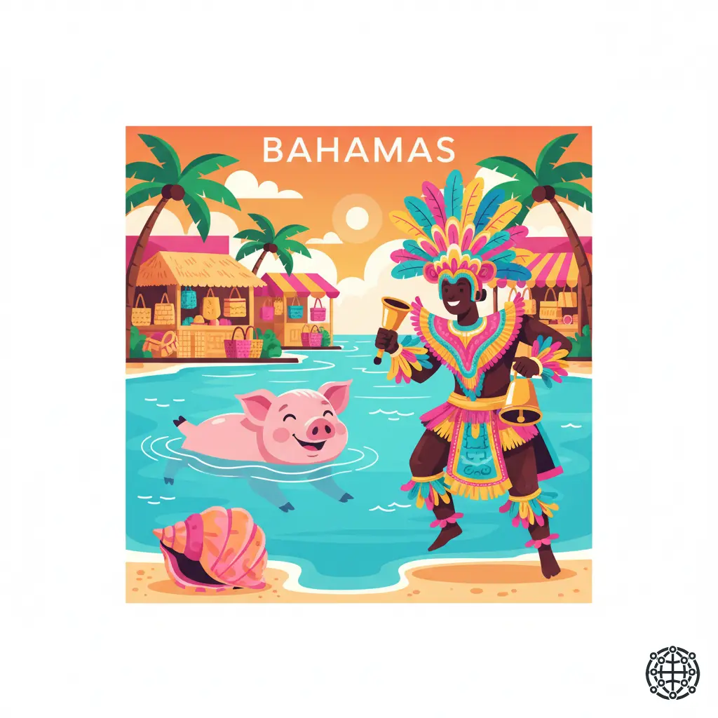 A stylized, modern illustration of The Bahamas, featuring a swimming pig in turquoise water, a colorful Junkanoo dancer, a conch shell, and a straw market.