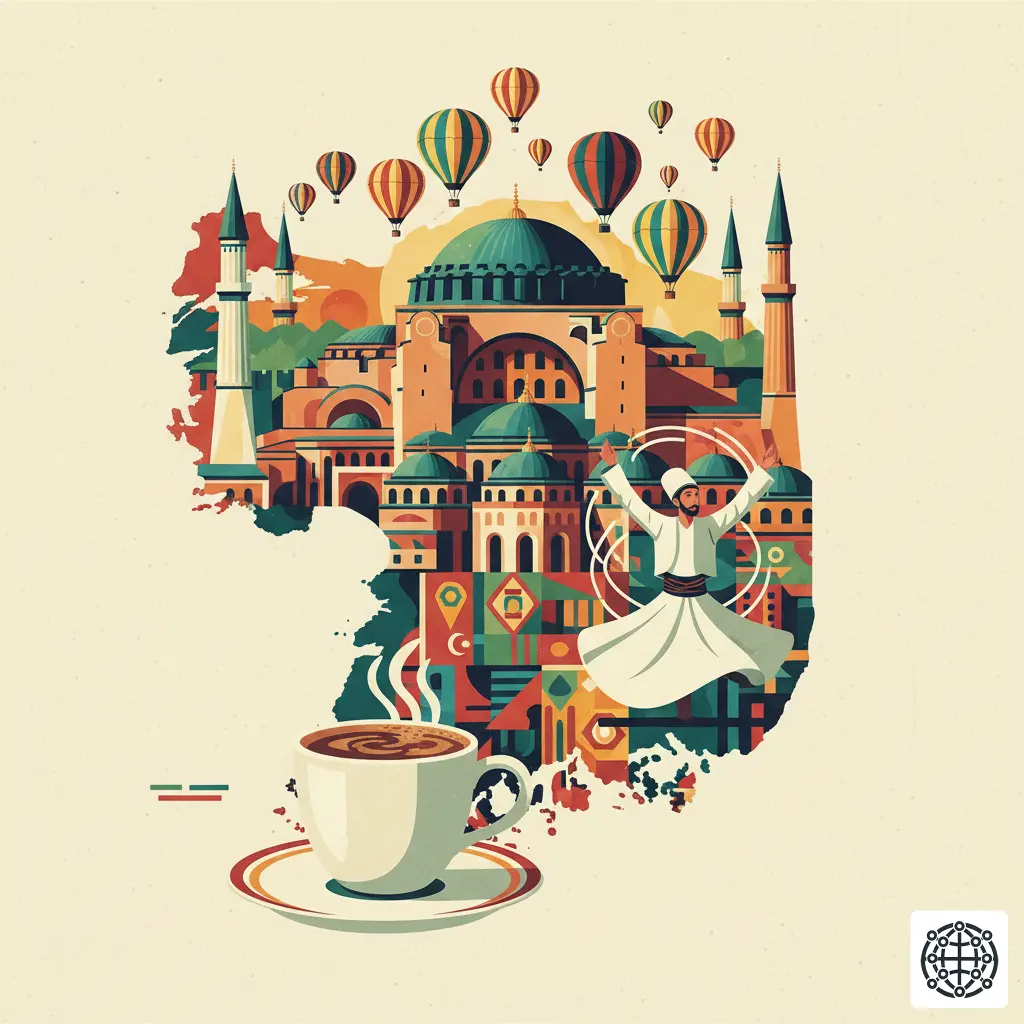A stylized, modern illustration of Turkey, featuring the Hagia Sophia, hot air balloons over Cappadocia, a cup of Turkish coffee, and a whirling dervish.
