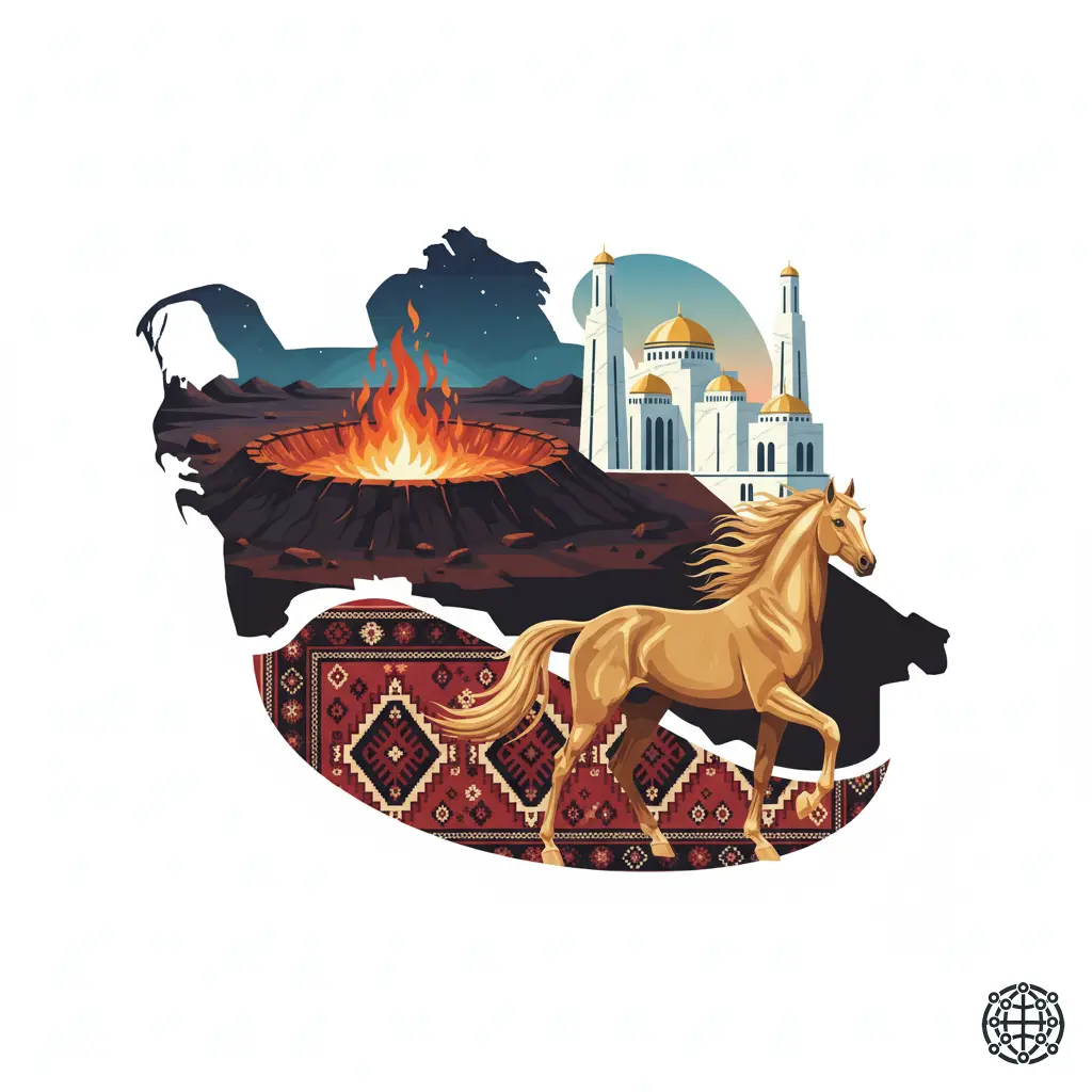 A stylized, modern illustration of Turkmenistan, featuring the Darvaza Gas Crater at night, the white marble buildings of Ashgabat, a prized Akhal-Teke horse, and a traditional Turkmen carpet pattern.