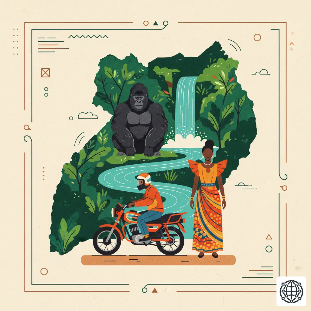 A stylized, modern illustration of Uganda, featuring a mountain gorilla in Bwindi Impenetrable National Park, the source of the Nile River, a boda boda motorcycle, and a traditional Gomesi dress.