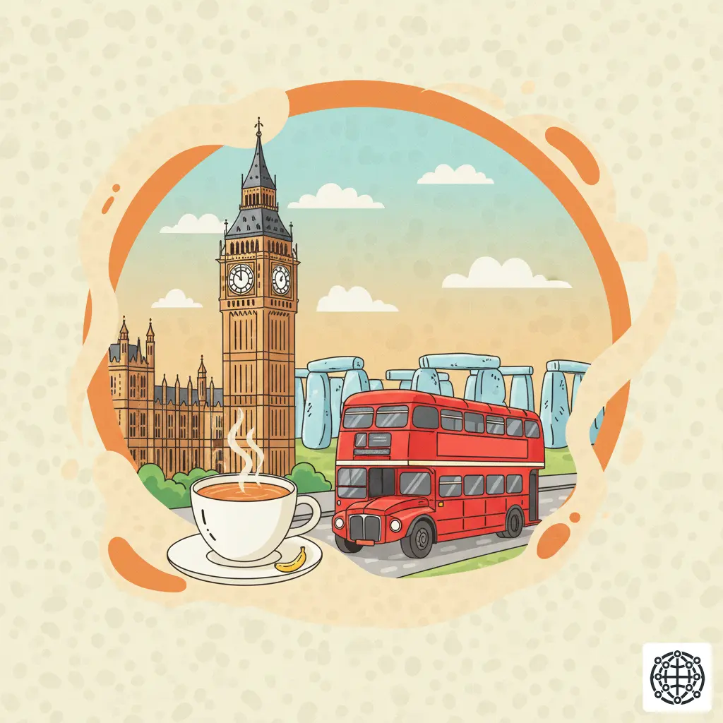 A stylized, modern illustration of the United Kingdom, featuring Big Ben, Stonehenge, a red double-decker bus, and a cup of tea.