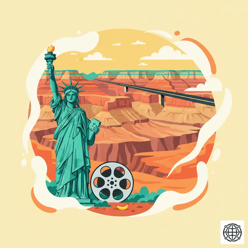 A stylized, modern illustration of the United States, featuring the Statue of Liberty, the Grand Canyon, a classic highway, and a Hollywood film reel.