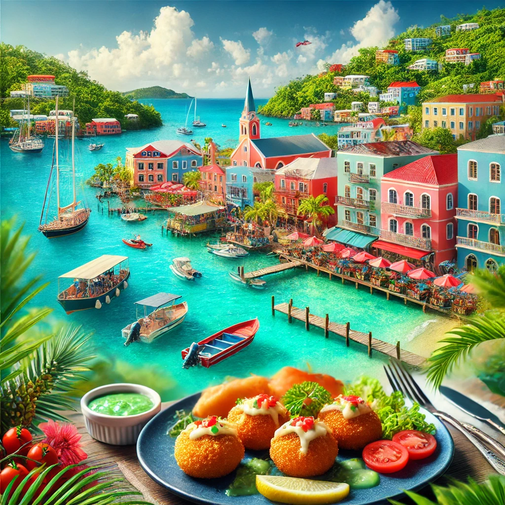 A picturesque view of Charlotte Amalie with its vibrant waterfront, turquoise waters, lush greenery, and traditional Conch Fritters on a colorful plate.