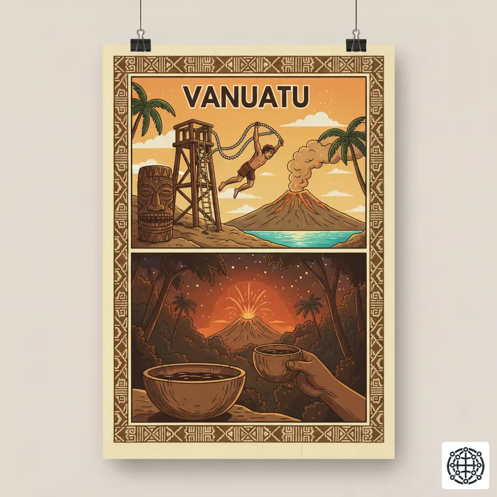 A stylized, modern illustration of Vanuatu, featuring a land diver on Pentecost Island, the active Mount Yasur volcano, a traditional slit drum, and a shell of kava.