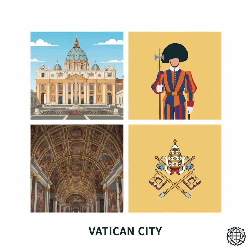 A stylized, modern illustration of Vatican City, featuring St. Peter's Basilica and Square, a member of the Swiss Guard, the Sistine Chapel ceiling, and the Vatican keys.