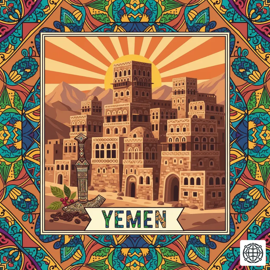 A stylized, modern illustration of Yemen, featuring the tower houses of Sana'a, a traditional Jambiya dagger, coffee beans, and the mountainous landscape.