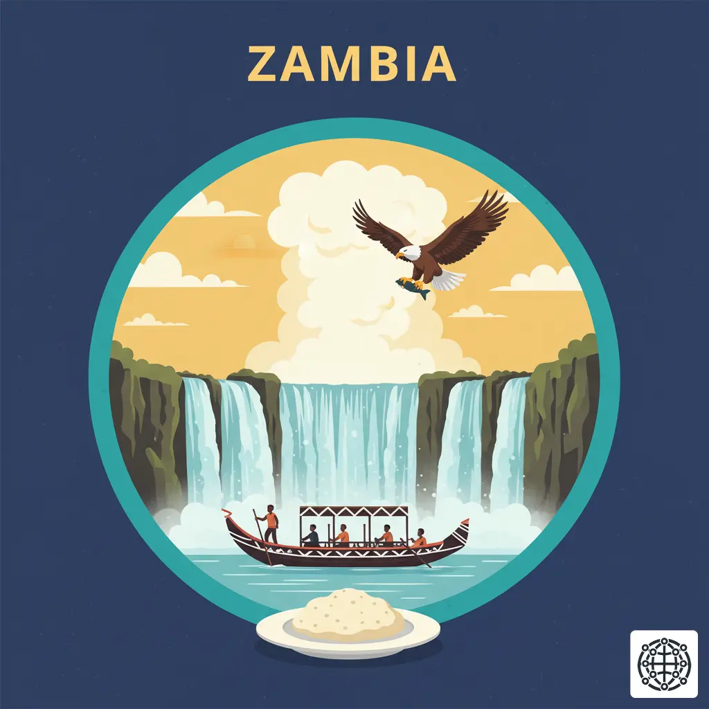 A stylized, modern illustration of Zambia, featuring Victoria Falls, a traditional Kuomboka ceremony boat, a fish eagle, and a plate of Nshima.