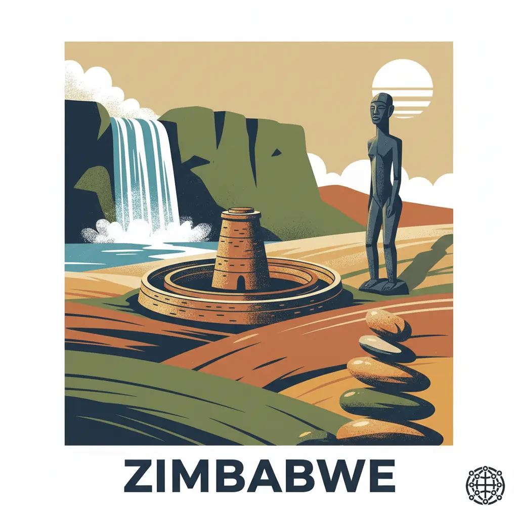 A stylized, modern illustration of Zimbabwe, featuring Victoria Falls, the Great Zimbabwe ruins, a Shona sculpture, and a balancing rock formation.